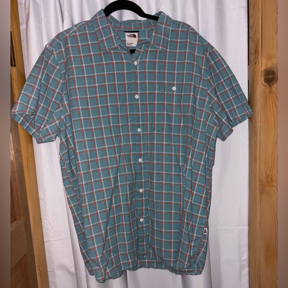 The North Face Men's Teal and Red Plaid Shirt